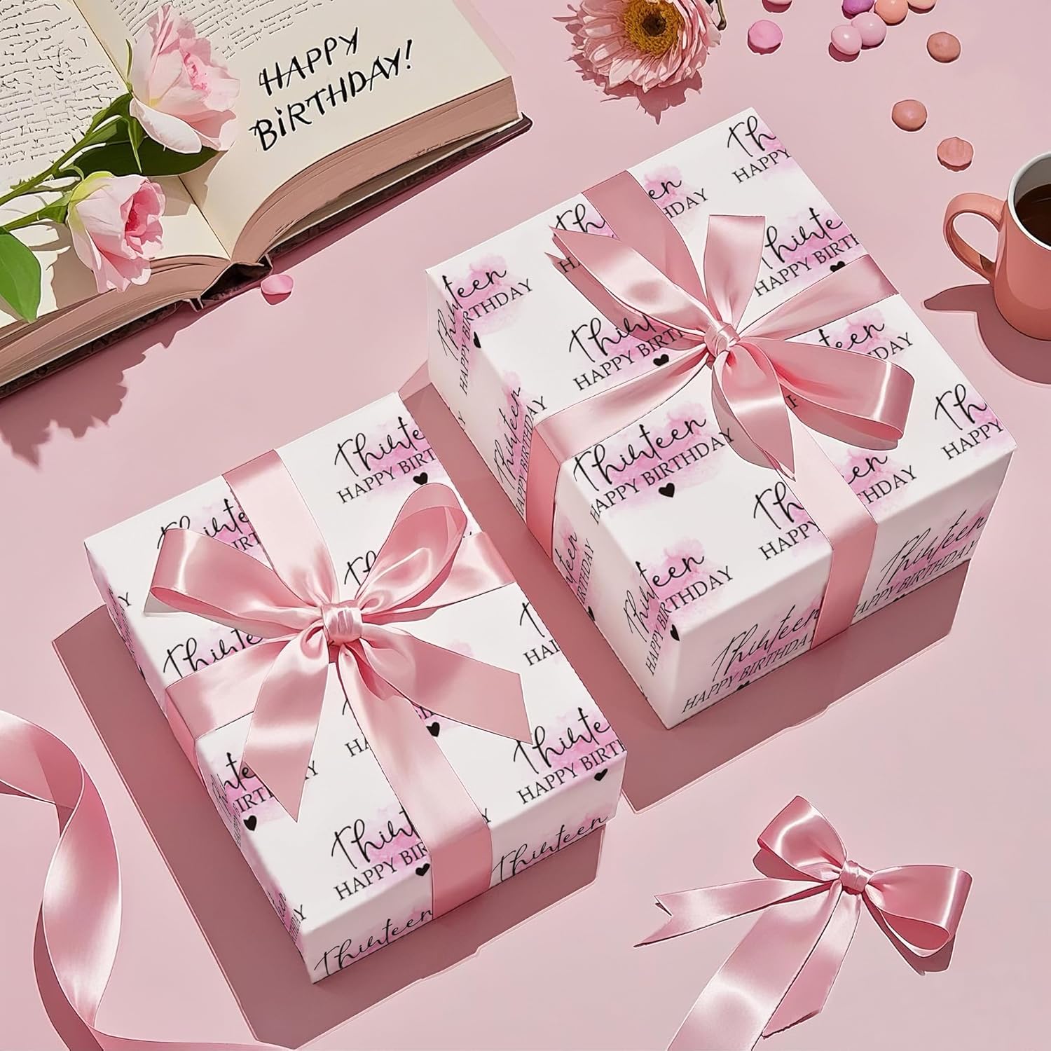 13Th Birthday Wrapping Paper Roll - Mini Roll - 17 Inch X 16.5 Feet - Blusher And Thirteen Happy Birthday Wrapping Paper For Girls Bday, Baby Shower, Party