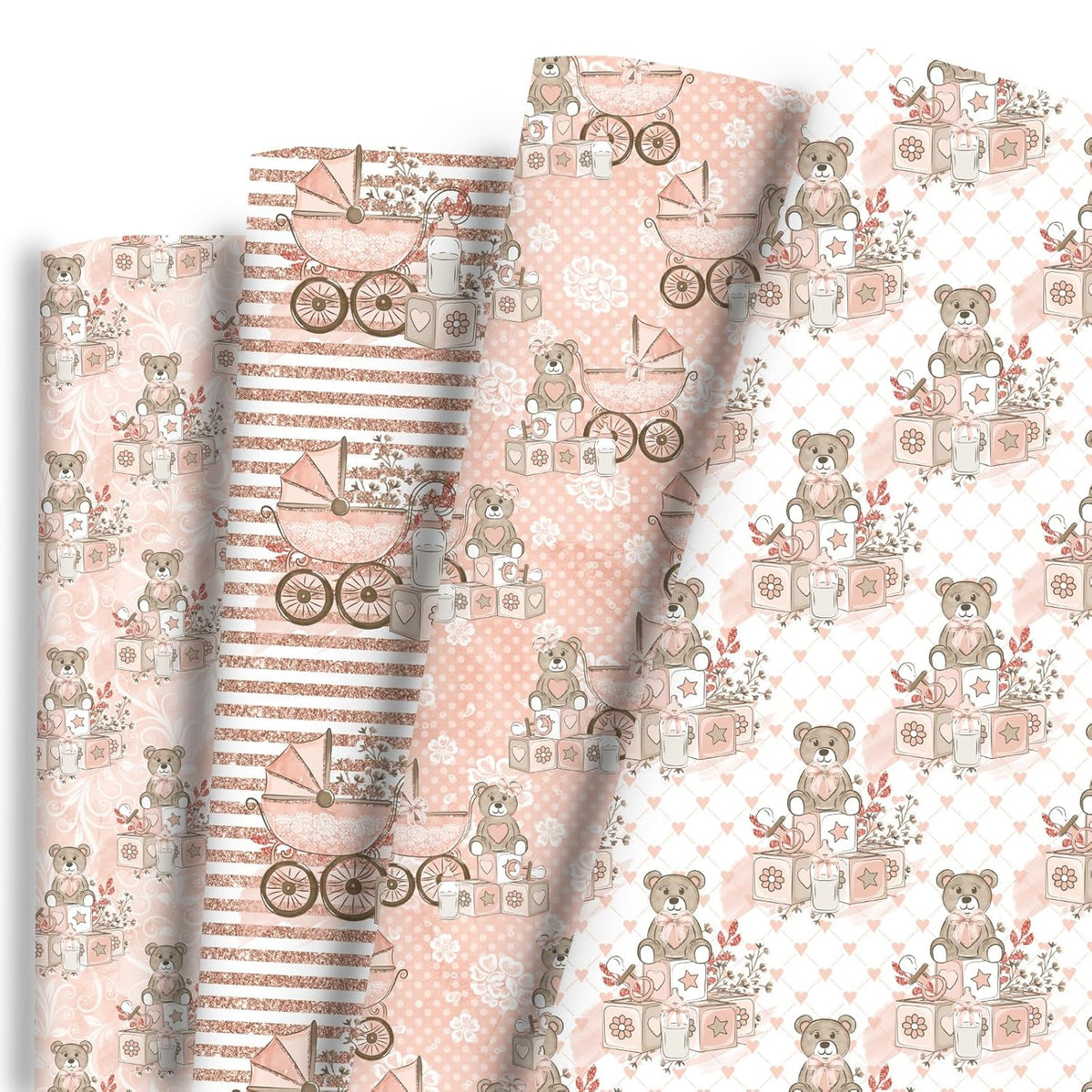 Baby Girl Wrapping Paper 8 Pc Pink Gifts Wrap Bear Stroller Patterns For Kids Girls Baby Shower Birthday Holiday 19.6 X27.8Inch