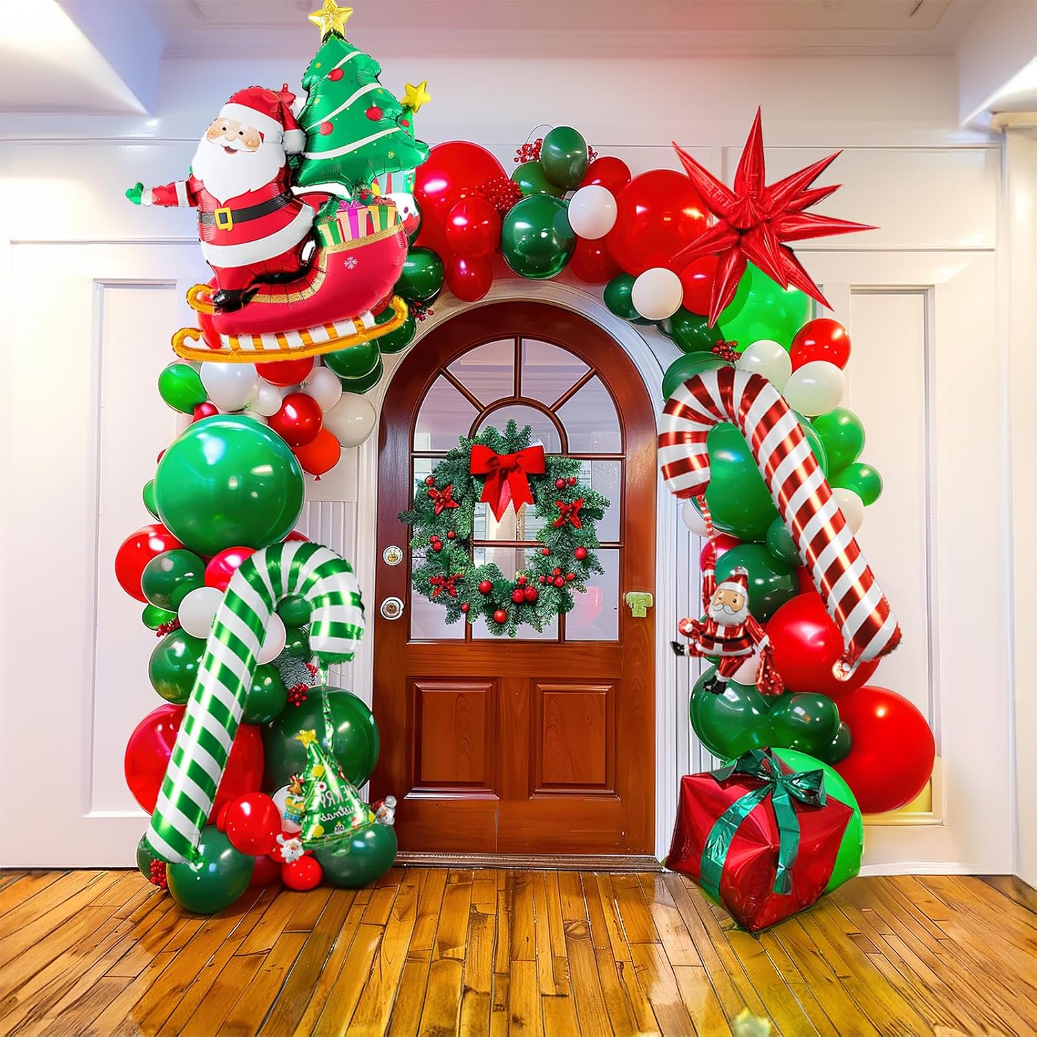 Merry Christmas Green Red White Balloon Garland Arch Set 117Pcs With Christmas Tree Santa Candy Cane Star Cookie Mylar Balloons For Winter Friendsmas New Year'S Eve Decoration