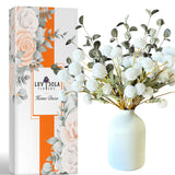 Chrysanthemum Flowers Artificial Kiku With Green Eucalyptus – 10 White Faux Pom Pom Mum Stems For Vase, Silk Faux Floral Arrangement For Home Decor And Centerpiece Displays