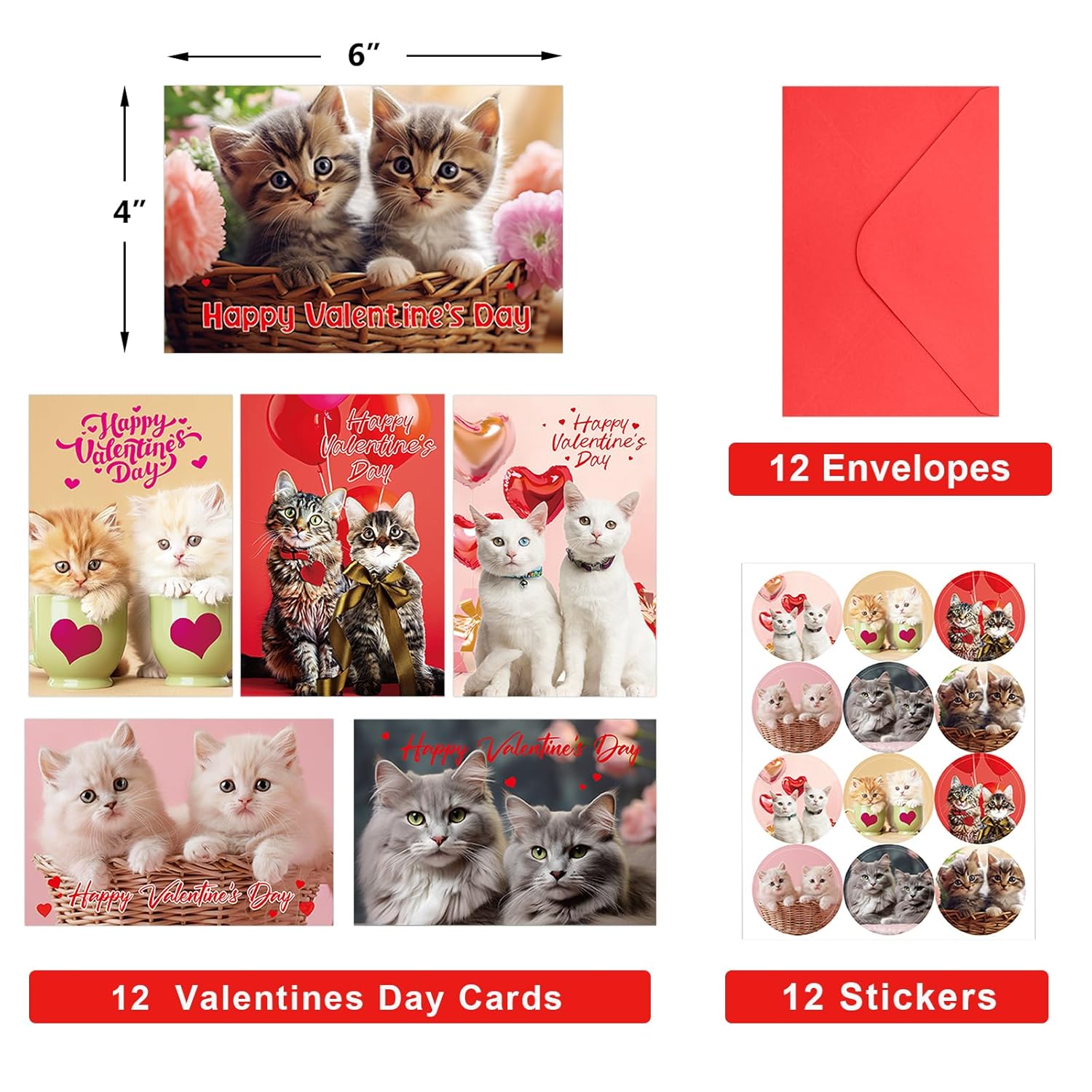 Valentines Day Kitten Cards Assorted Pet Happy Valentine'S Day Greeting Cards Bulk With Envelopes And Stickers Party Favors 6 Designs
