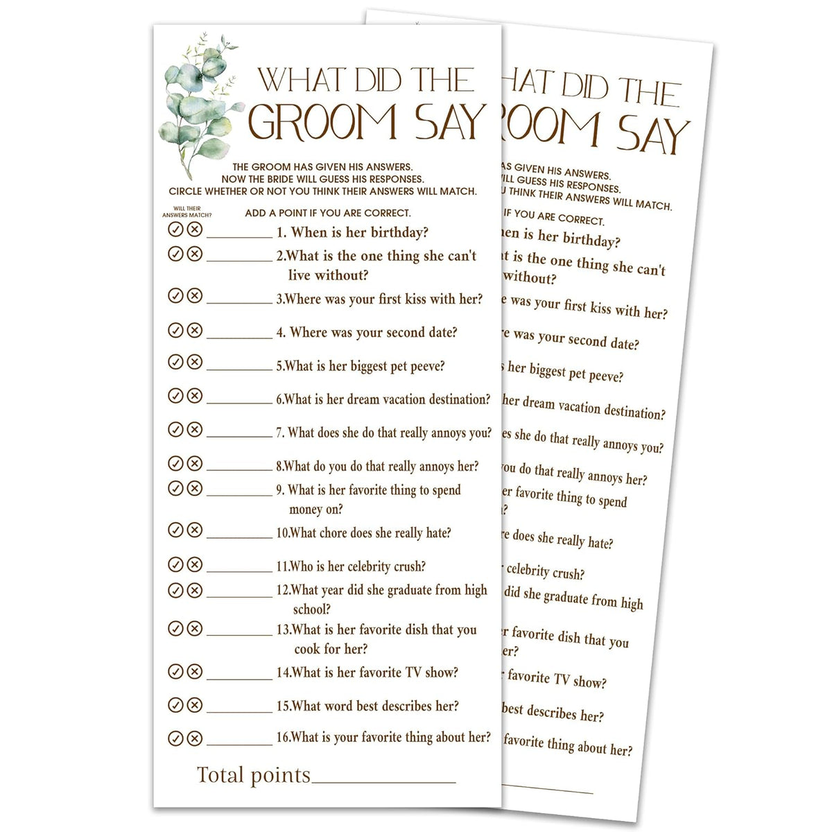 Bridal Shower Games What Did The Groom Say Card, Eucalyptus 25 Pack Wedding Games Cards For Guests(4X9 Inch), Minimalist Wedding Party Supplies-B07