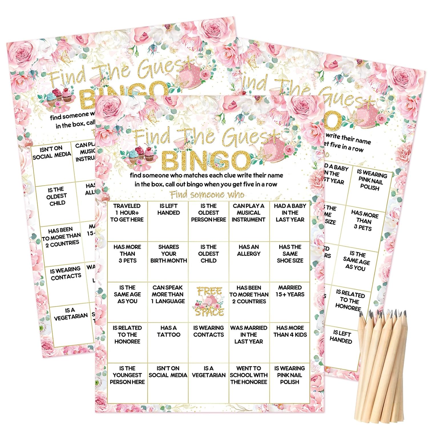 50 Pcs Find The Guest Game Bingo Cards With 20 Pcs Pencils Bridal Shower Wedding Bingo Game Pink Flower Tea Party Activity Favor Supply For Engagement Birthday Baby Shower Bachelorette, 5"X7"