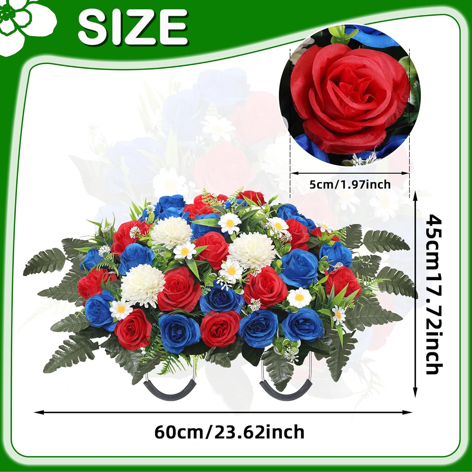 Headstone Flower Saddle,Large Artificial Cemetery Flowers For Grave Roses & Chrysanthemums Cemetery Memorial Flowers For Outdoor Grave Decorations (Red)