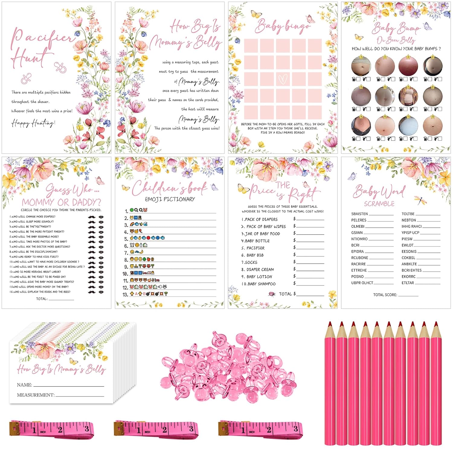 Baby Shower Games For Girl Wildflowers, How Big Is Mommy'S Belly, Bingo Game, Bump Or Beer Belly, Guess Who Mommy Or Daddy Children'S Book Emoji Pictionary, Word Scramble, Price Is Right