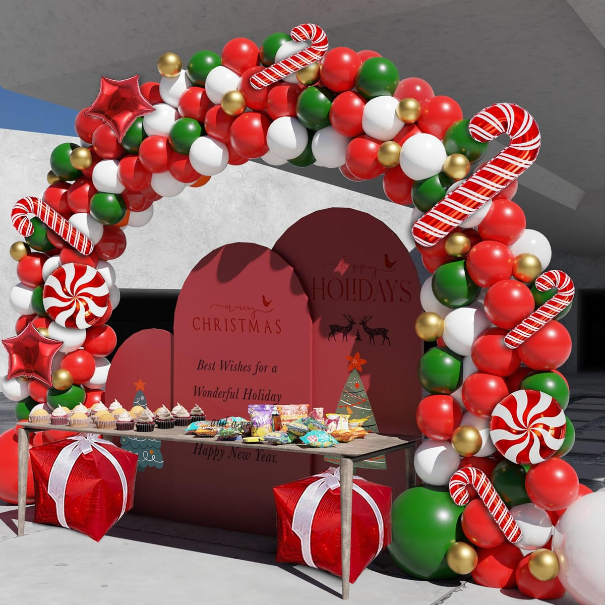 162Pcs Christmas Balloon Arch Kit, Red, White, Green, Gold Balloons, Star, Candy Cane, Gift Box, Diy Christmas Party Decorations For Families With Children