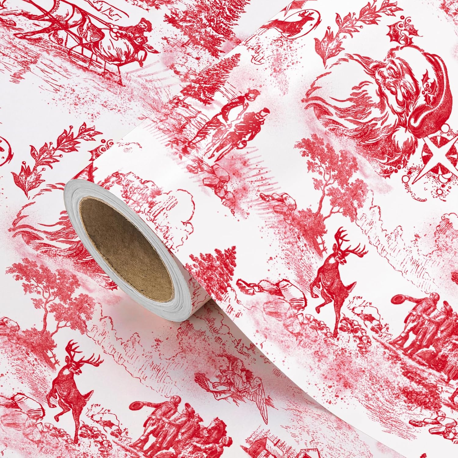 Toile Vintage Christmas Wrapping Paper - Mini Roll - 17 Inch X 16.5 Feet - Santa Toile De Jouy Red Christmas Wrapping Paper For Xmas Holiday, Party Celebration