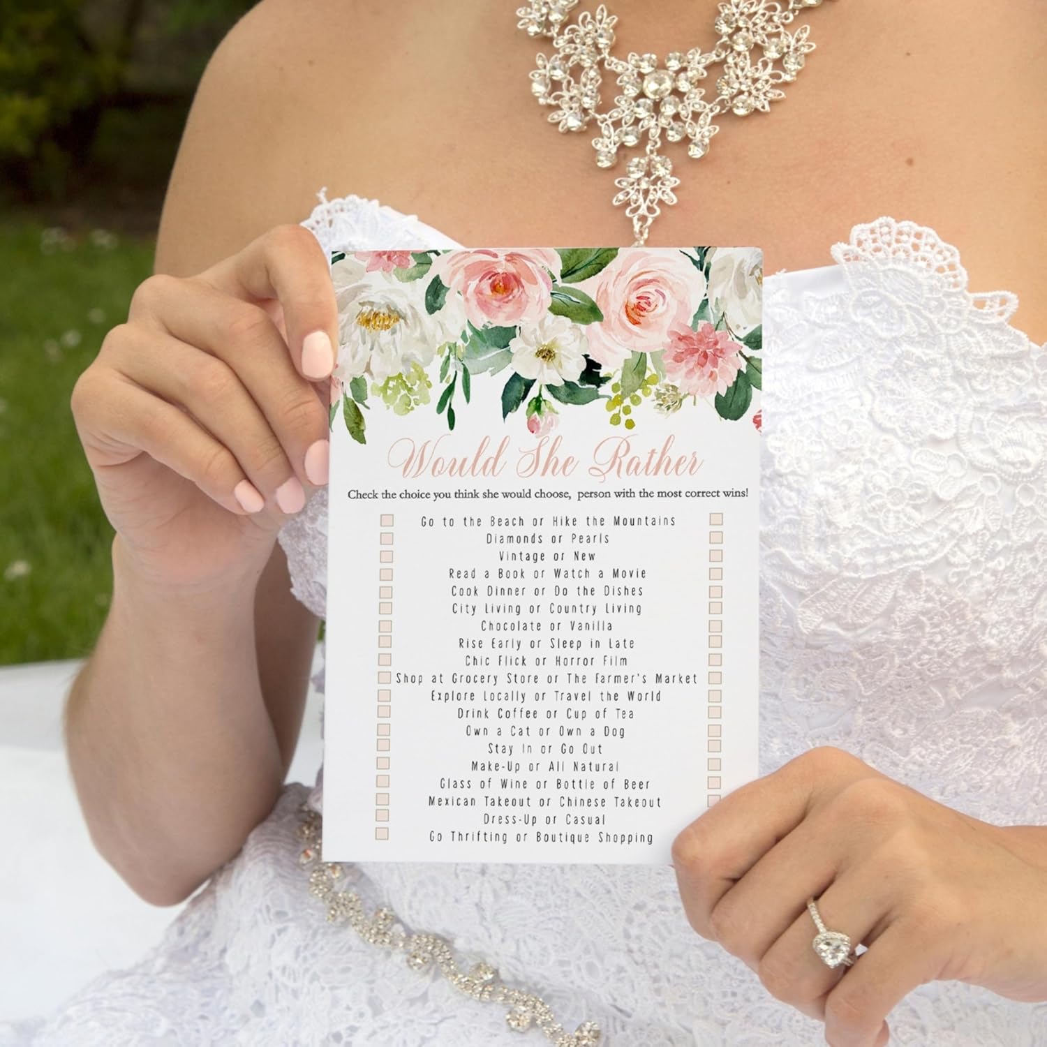 Graceful Floral Bridal Shower Games - 25 Cards - Would She Rather - Elegant Pink Floral Design For Bridal Showers, Wedding Receptions & Birthday Activities - 5X7 Pack Who Knows The Bride Best