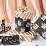 Reversible Birthday Wrapping Paper Roll For Boys Men, Happy Birthday Lettering, Birthday Cake With Metallic Foil & White Gold Stripes For Birthday, Mini Roll, 17 Inches X 32.8 Feet