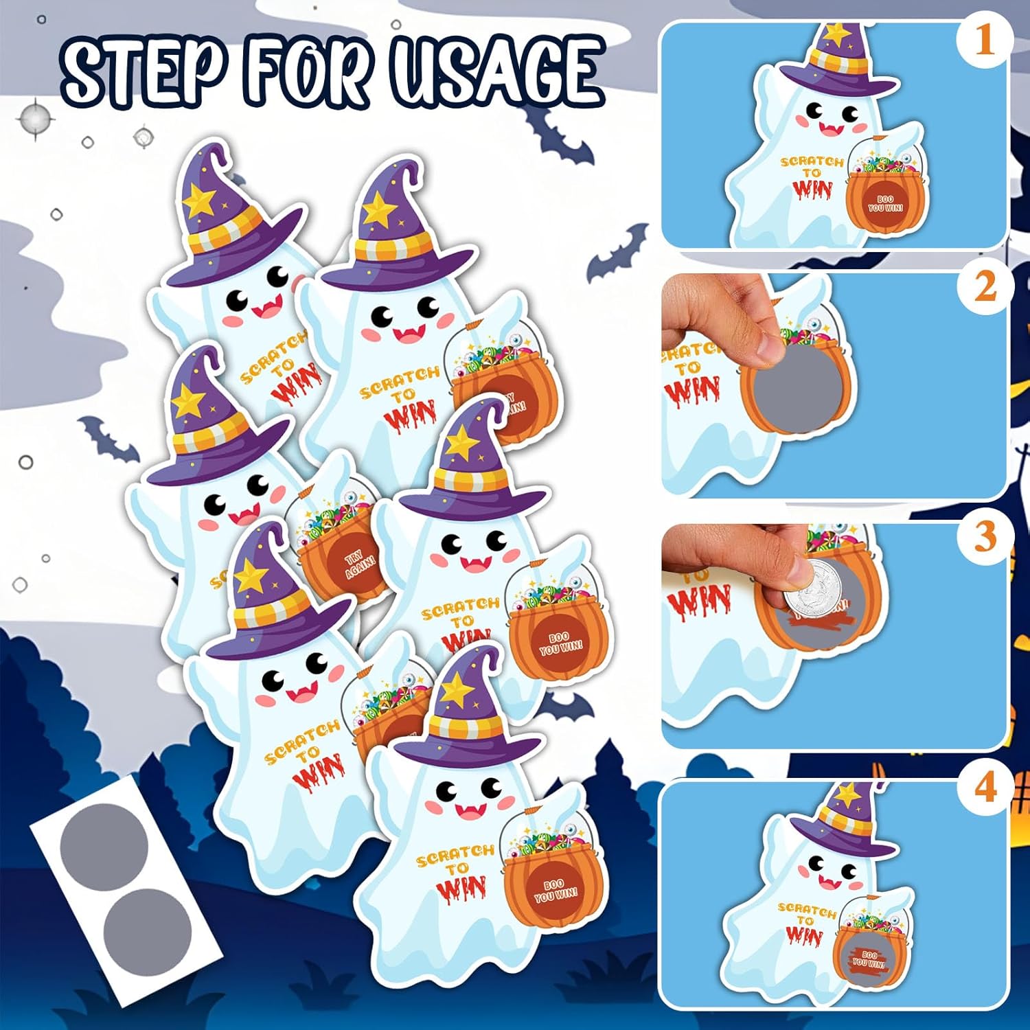 Halloween Scratch Off Cards 30 Pcs Cute Ghost Halloween Party Game Scratch Off Cards For Kids Adults, Trick Or Treat Halloween Party Game Card With Stickers Party Supplies