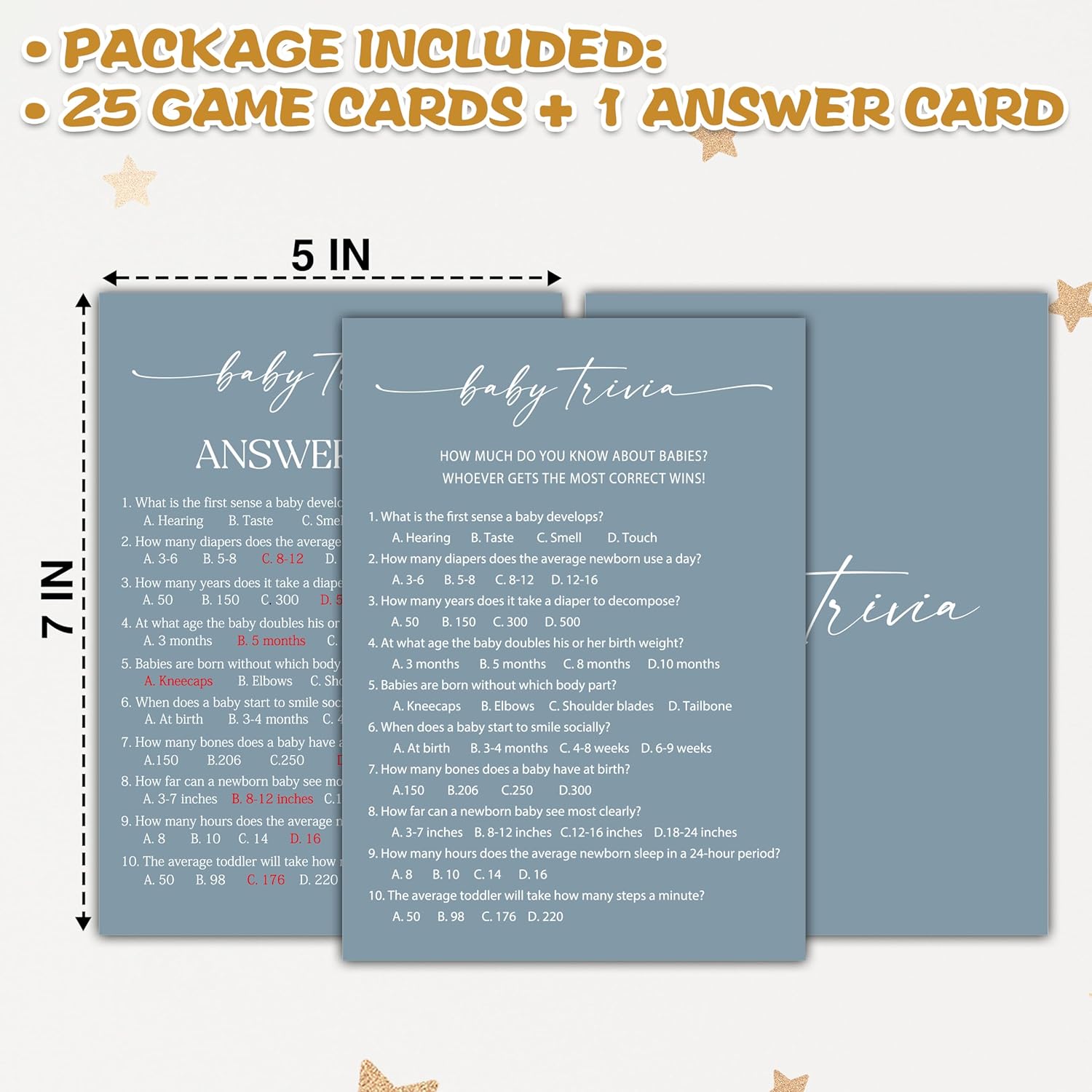 Blue Baby Shower Game, Baby Trivia Baby Shower Game Cards, Gender Reveal Party Game, Baby Shower Party Activities & Decorations -1 Answer Card & 25 Game Cards(A04)