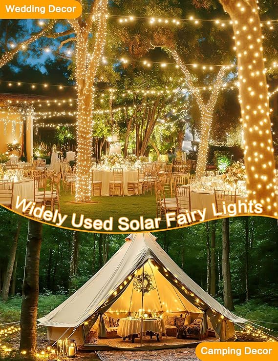 2 Pack Solar String Lights Outdoor 80FT 200 LED Warm White Copper Wire Fairy Lights Waterproof with 8 Modes for Garden Tree Patio Wedding Christmas Decor