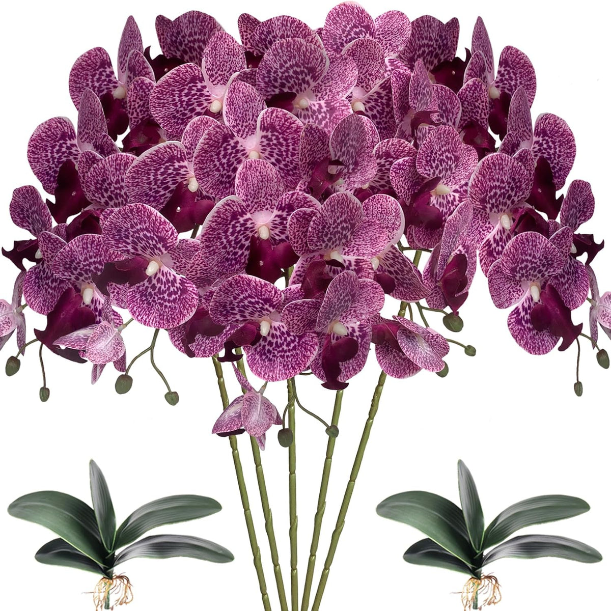 5 Pcs Artificial Orchid Flowers And 2 Bundles Leaves,Artificial Phalaenopsis Flowers 32 Inch Stem Plants For Home Wedding Decoration (Purple Spots)