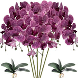 5 Pcs Artificial Orchid Flowers And 2 Bundles Leaves,Artificial Phalaenopsis Flowers 32 Inch Stem Plants For Home Wedding Decoration (Purple Spots)