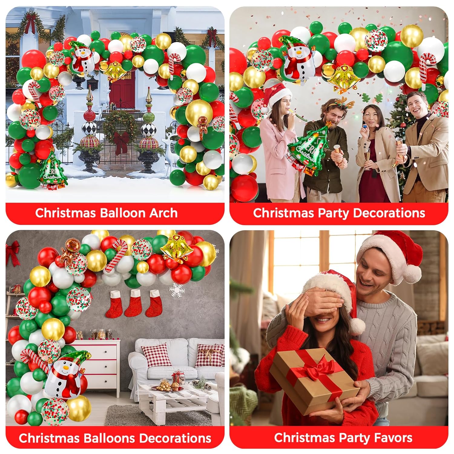 Christmas Balloon Garland Arch Kit, 202 Pcs Xmas Red White Green Gold Balloons With Snowman Candy Cane Santa Claus Foil Balloons For Christmas Party Decorations