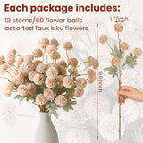 12 Pcs Faux Kiku Flower Artificial Pom Pom Mums Fake Small Chrysanthemum Ball Silk Flowers Floral Picks Kiku Stems For Fall Vase Table Centerpieces Wedding Diy Bouquet Decor(Autumn White)