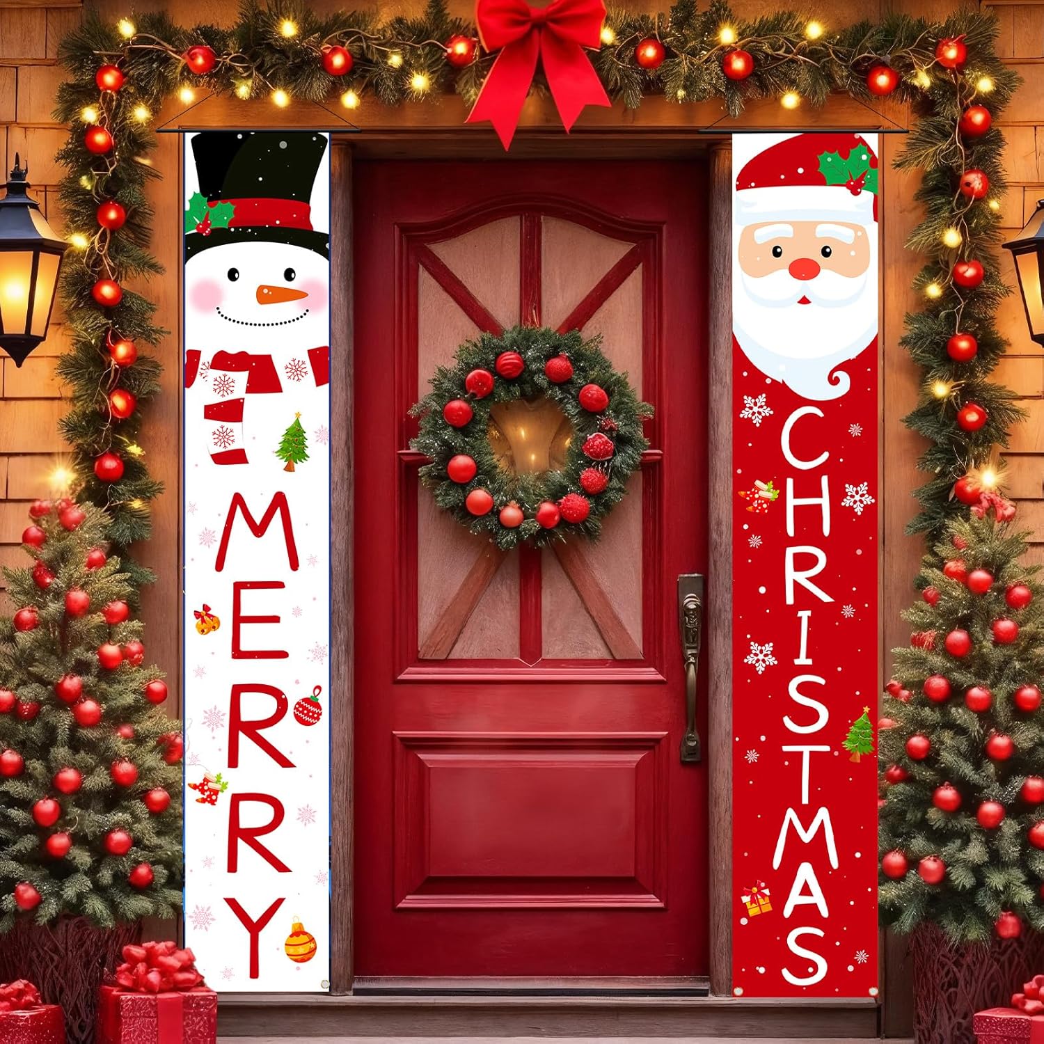 Christmas Outdoor Yard Banner | 2Pc Red White Santa Snowman Hanging Banner | Front Porch, Home, Indoor Outdoor, Garage Door, 71X13 Inches