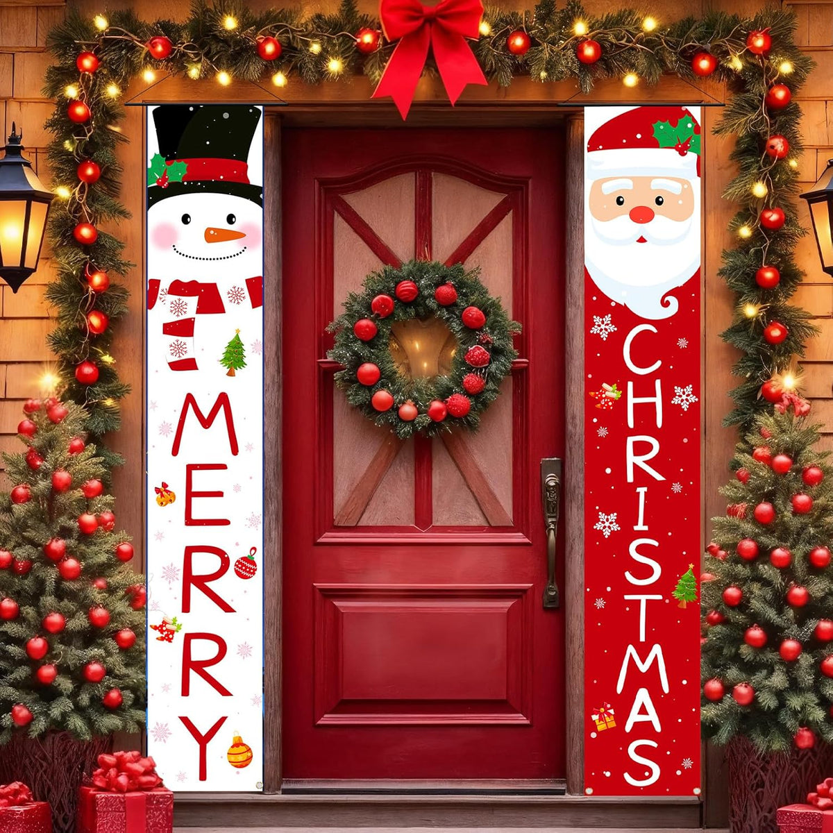 Christmas Outdoor Yard Banner | 2Pc Red White Santa Snowman Hanging Banner | Front Porch, Home, Indoor Outdoor, Garage Door, 71X13 Inches
