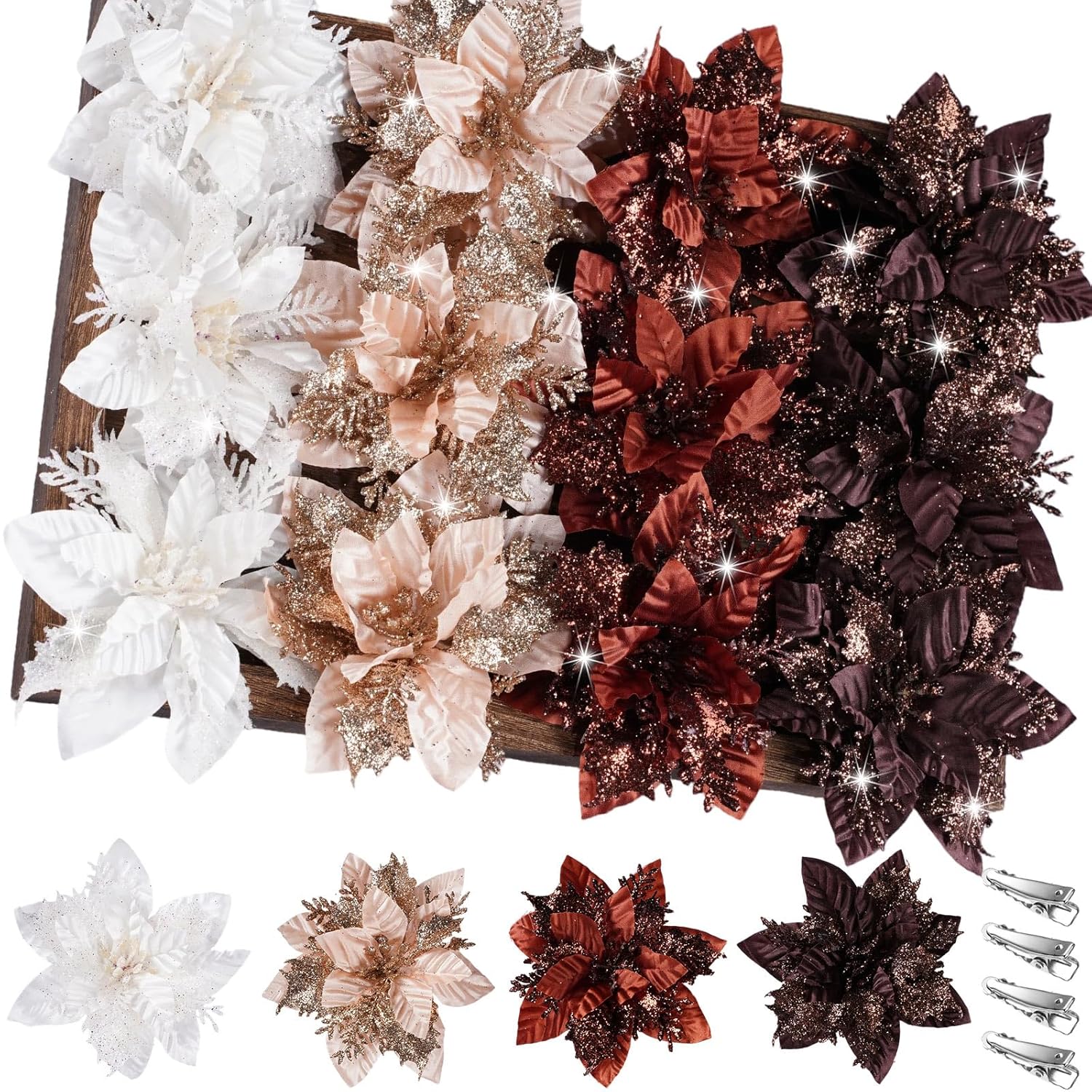 24 Pcs Brown Christmas Poinsettia Flower Decorations 5.5" Glitter Poinsettia Artificial Flowers Picks Christmas Tree Ornaments For Diy Xmas Holiday Wreaths Garland Decoration