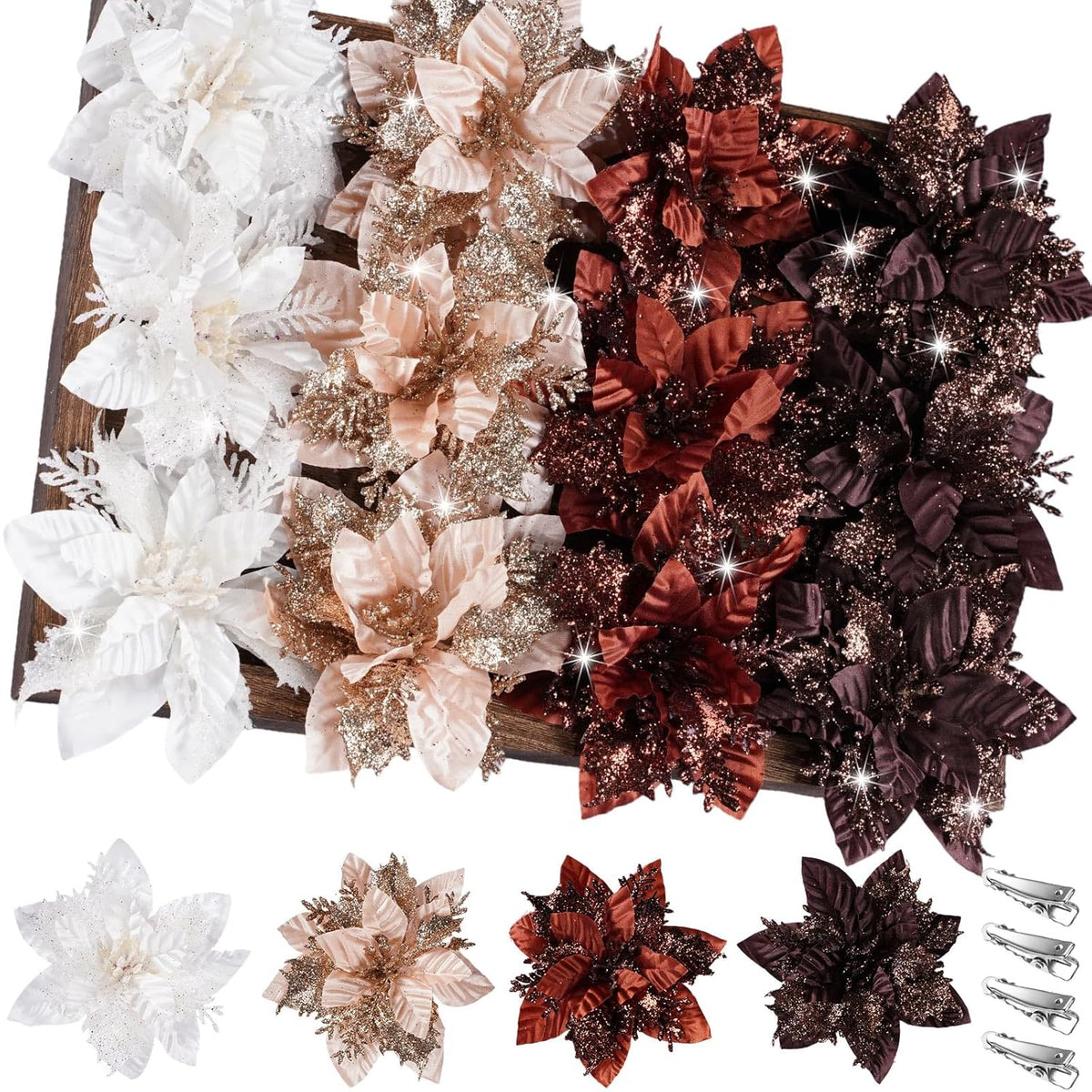 24 Pcs Brown Christmas Poinsettia Flower Decorations 5.5" Glitter Poinsettia Artificial Flowers Picks Christmas Tree Ornaments For Diy Xmas Holiday Wreaths Garland Decoration