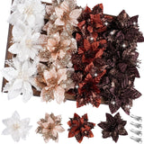 24 Pcs Brown Christmas Poinsettia Flower Decorations 5.5" Glitter Poinsettia Artificial Flowers Picks Christmas Tree Ornaments For Diy Xmas Holiday Wreaths Garland Decoration