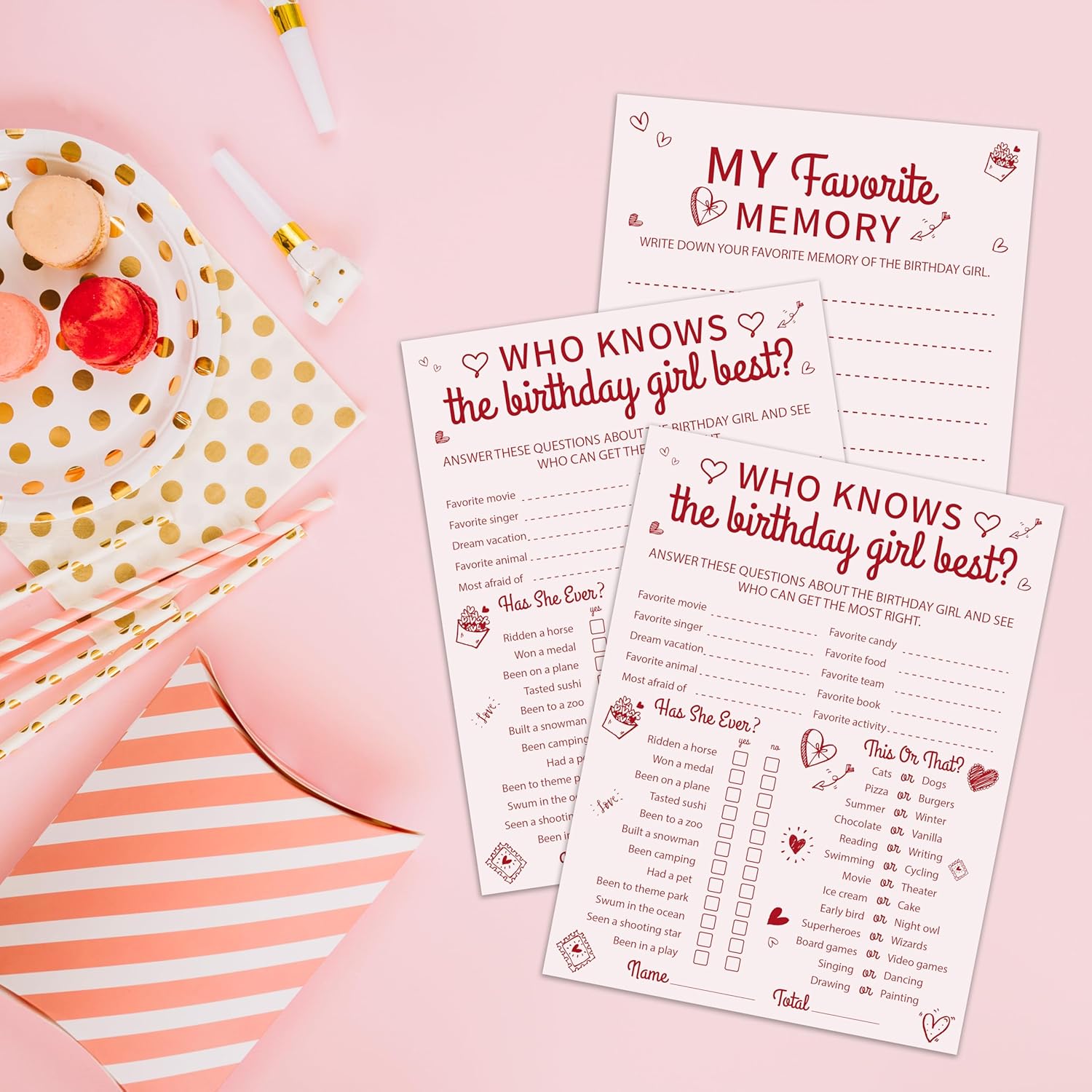 Pink Heart Birthday Party Games Cards-Who Knows The Birthday Girl Best & My Favorite Memory Activity Themed - 20Pcs 3-In-1 Game Cards- 6"X8" Party Decorations & Supplies For Girls-A06