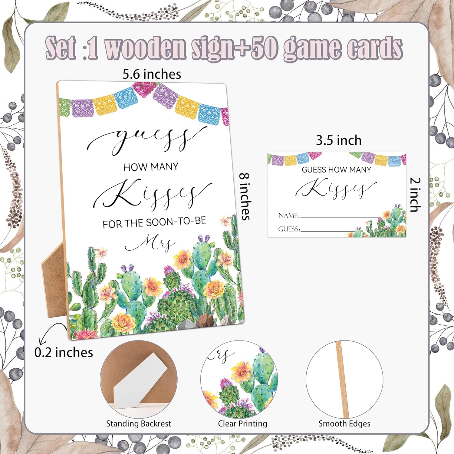 How Many Kisses Bridal Shower Games, Guess How Many Kisses For The Soon To Be Mrs, 1 Wooden Sign With 50 Cards, Mexican Fiesta Guessing Game For Wedding, Bachelorette Party, Engagement Decoration