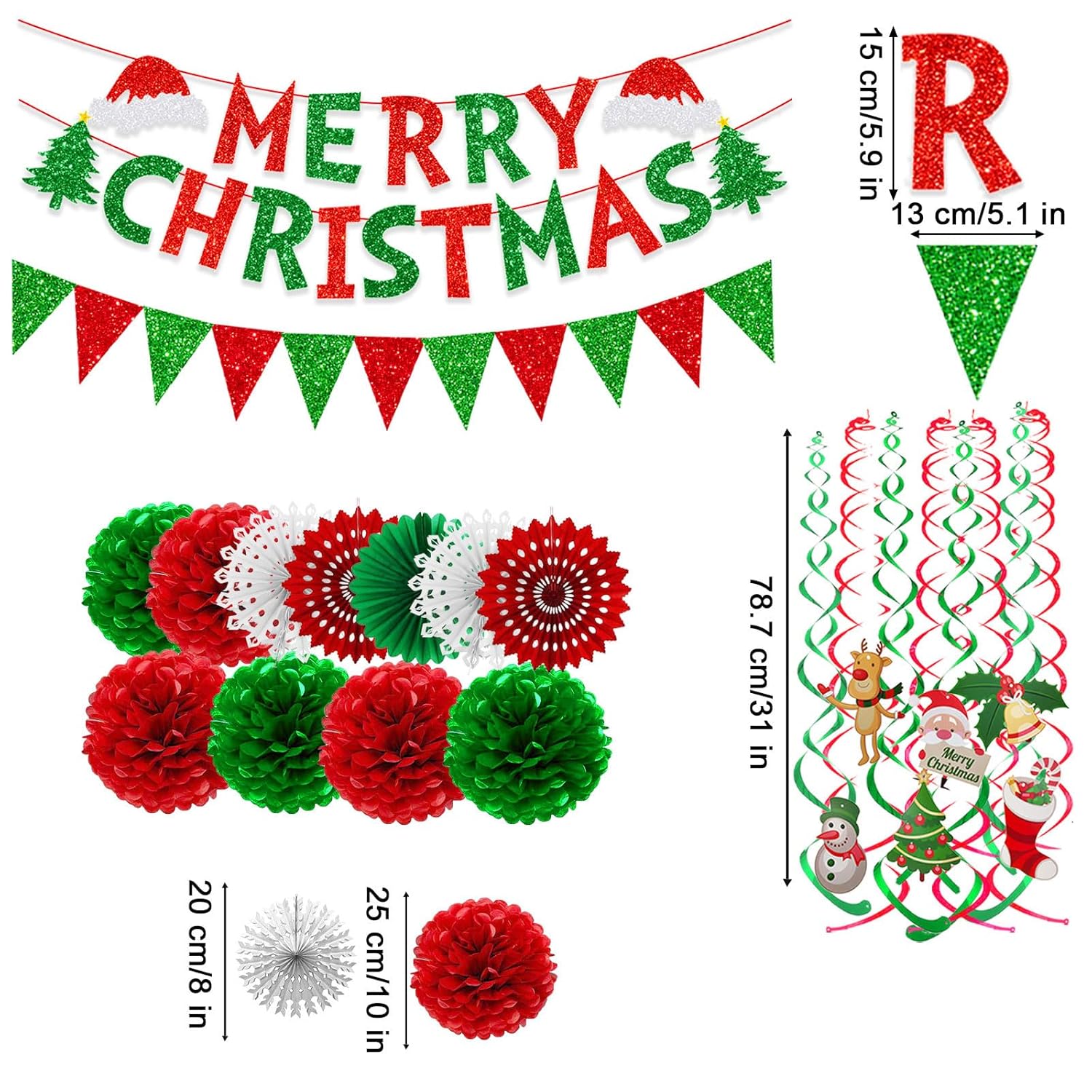 Merry Christmas Paper Banner Triangle Flag Bunting Pom Poms Paper Flower Fan Swirls Streamers Christmas Tree Stocking Bell Santa Claus Garland For Party Decoration