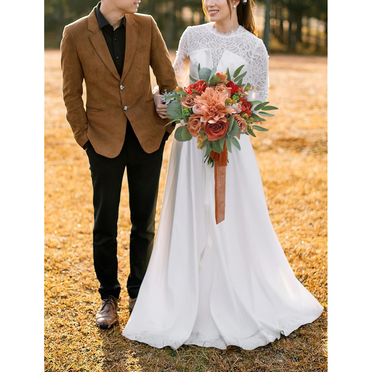 Burnt Orange Wedding Bouquets For Bride, Artificial Flowers Terracotta Bouquet For Rustic Wedding Ceremony And Anniversary