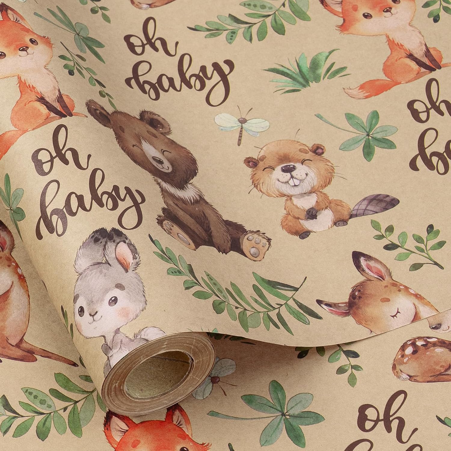 Jungle Animal Wrapping Paper Roll, Mini Roll, Woodland Animal Design With Oh Baby Text Design Kraft Gift Wrap For Baby Shower, Newborn Gifts And Gender Reveal, 17 Inches X 9.8 Feet