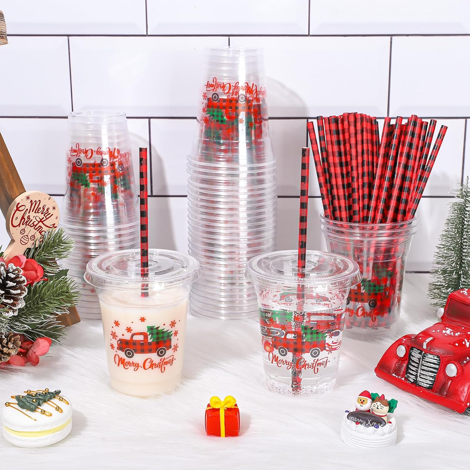 50Pcs Merry Christmas Party Cups Plaid Truck Snowflake Tree Disposable Clear Plastic Cups With Flat Lids Plaid Straw Party Supply Drinkware For Xmas Coffee Beer Beverage