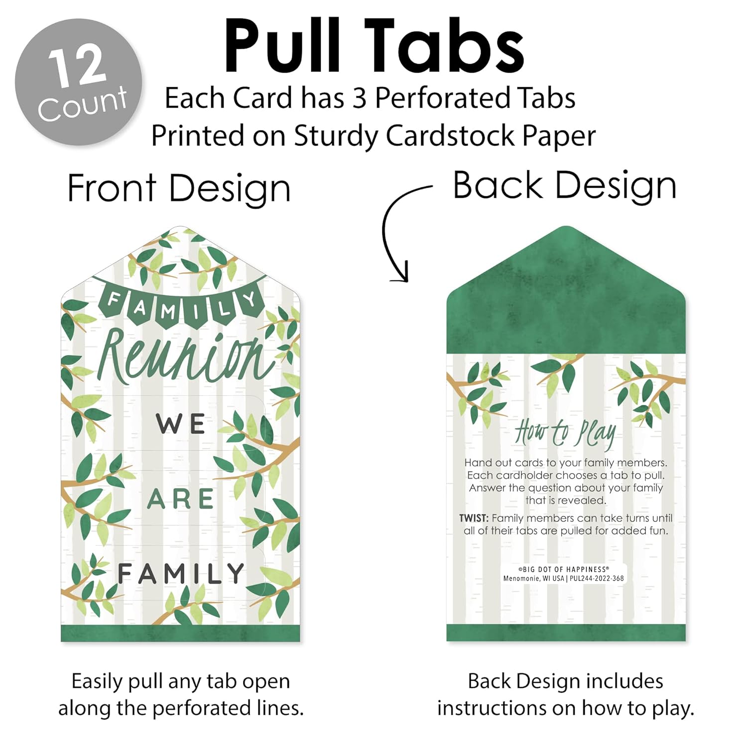 Big Dot of Happiness Family Tree Reunion - Family Gathering Party Game Pickle Cards - Conversation Starters Pull Tabs - Set of 12