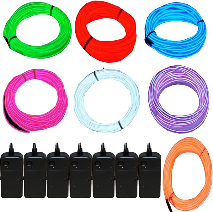 7 Pack 9ft EL Wire Neon Lights with Battery Pack Multicolor Flexible Glow Party LED Wire