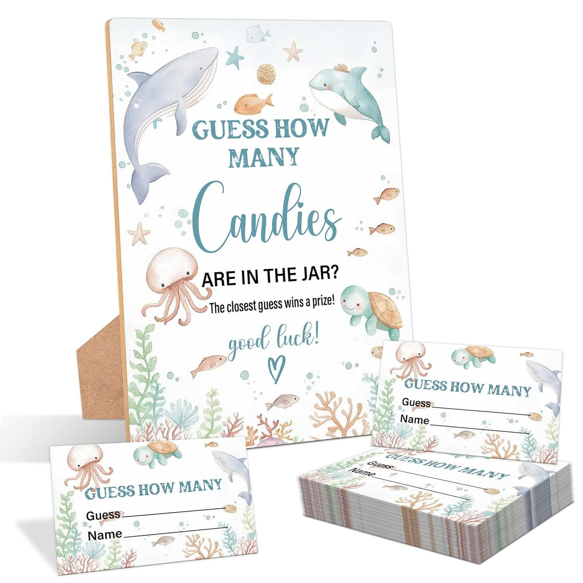 Under The Sea Guess How Many Candies Are In The Jar Game, Pack Of 1 Wooden Tabletop Sign With Stand And 50 Guessing Cards, Sea Creatures Ocean Baby Shower Game, Gender Reveal Party Decorations - Wv14