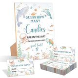 Under The Sea Guess How Many Candies Are In The Jar Game, Pack Of 1 Wooden Tabletop Sign With Stand And 50 Guessing Cards, Sea Creatures Ocean Baby Shower Game, Gender Reveal Party Decorations - Wv14