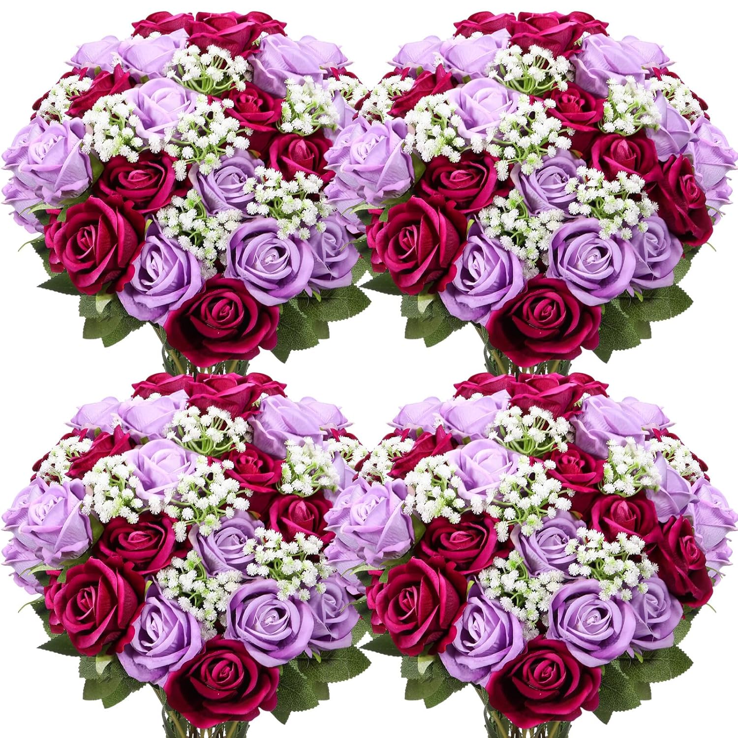 60 Pcs Valentine'S Day Artificial Rose Flowers Bulk Fake Silk Rose Bouquet With Stem Gypsophila Flowers For Spring Wedding Bridal Party Vase(Purple,20" X 3")
