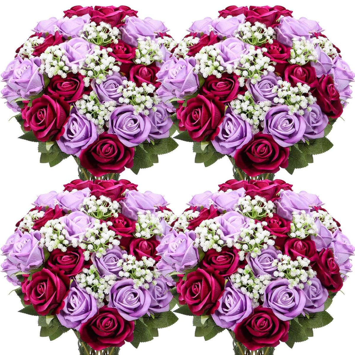 60 Pcs Valentine'S Day Artificial Rose Flowers Bulk Fake Silk Rose Bouquet With Stem Gypsophila Flowers For Spring Wedding Bridal Party Vase(Purple,20" X 3")