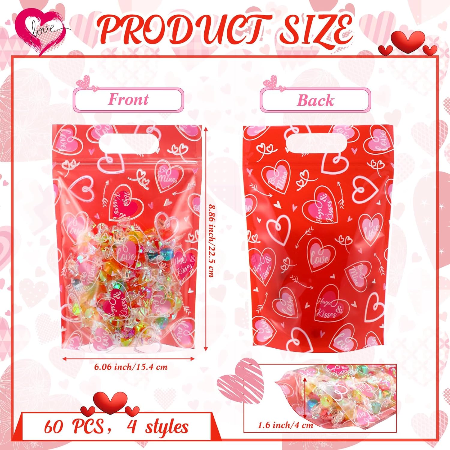 60 Pcs Valentine'S Day Sealing Candy Bags With Zipper Love Heart Treat Goodie Bag Valentines Sealing Pouches With Handles Plastic For Valentines Party Favor Classroom Exchange Prizes Supplies