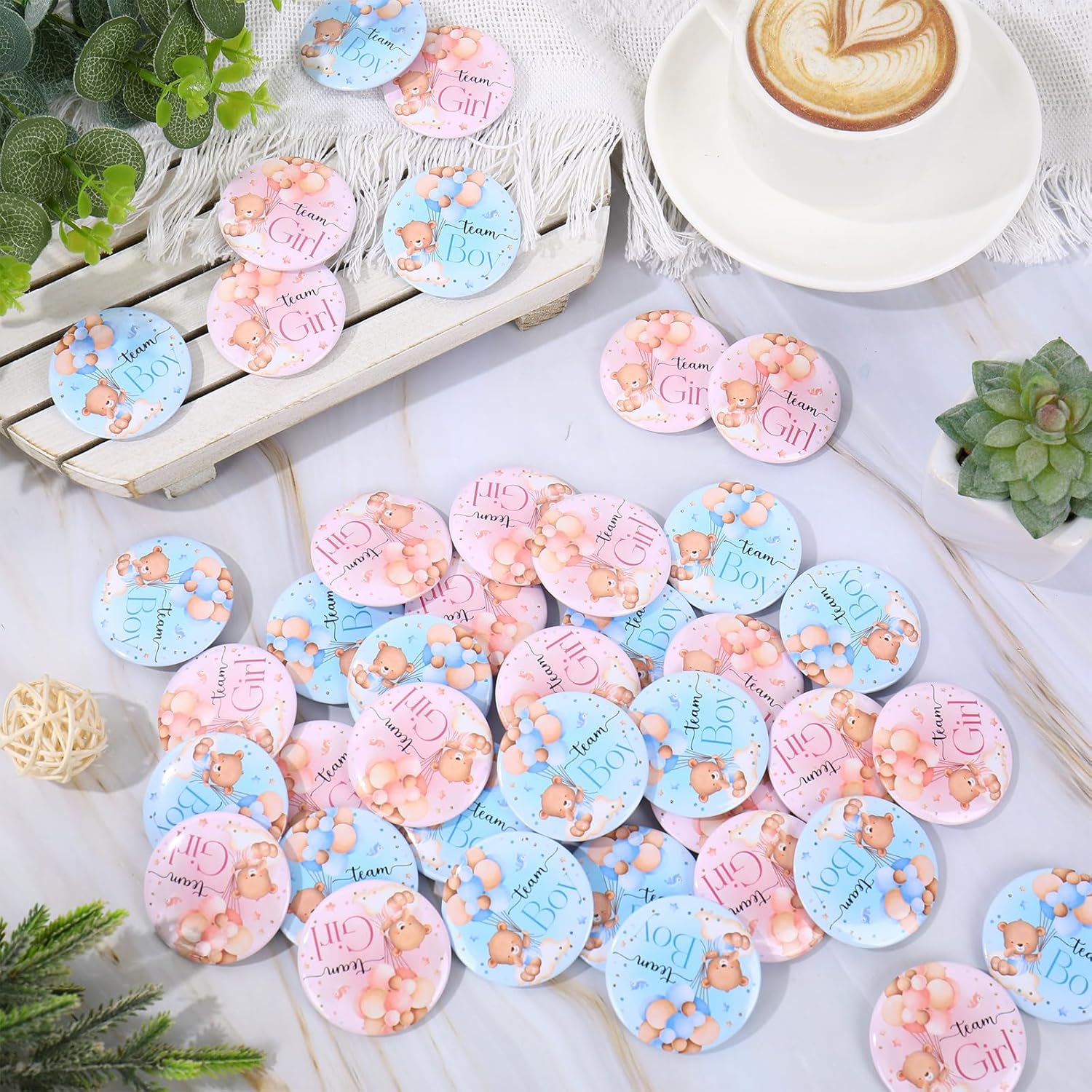 50 Pcs Bear Balloon Gender Reveal Button Pink Blue Pins Team Girl Boy Buttons Badges For Baby Shower Party Favors Game Supplies, 1.8 In