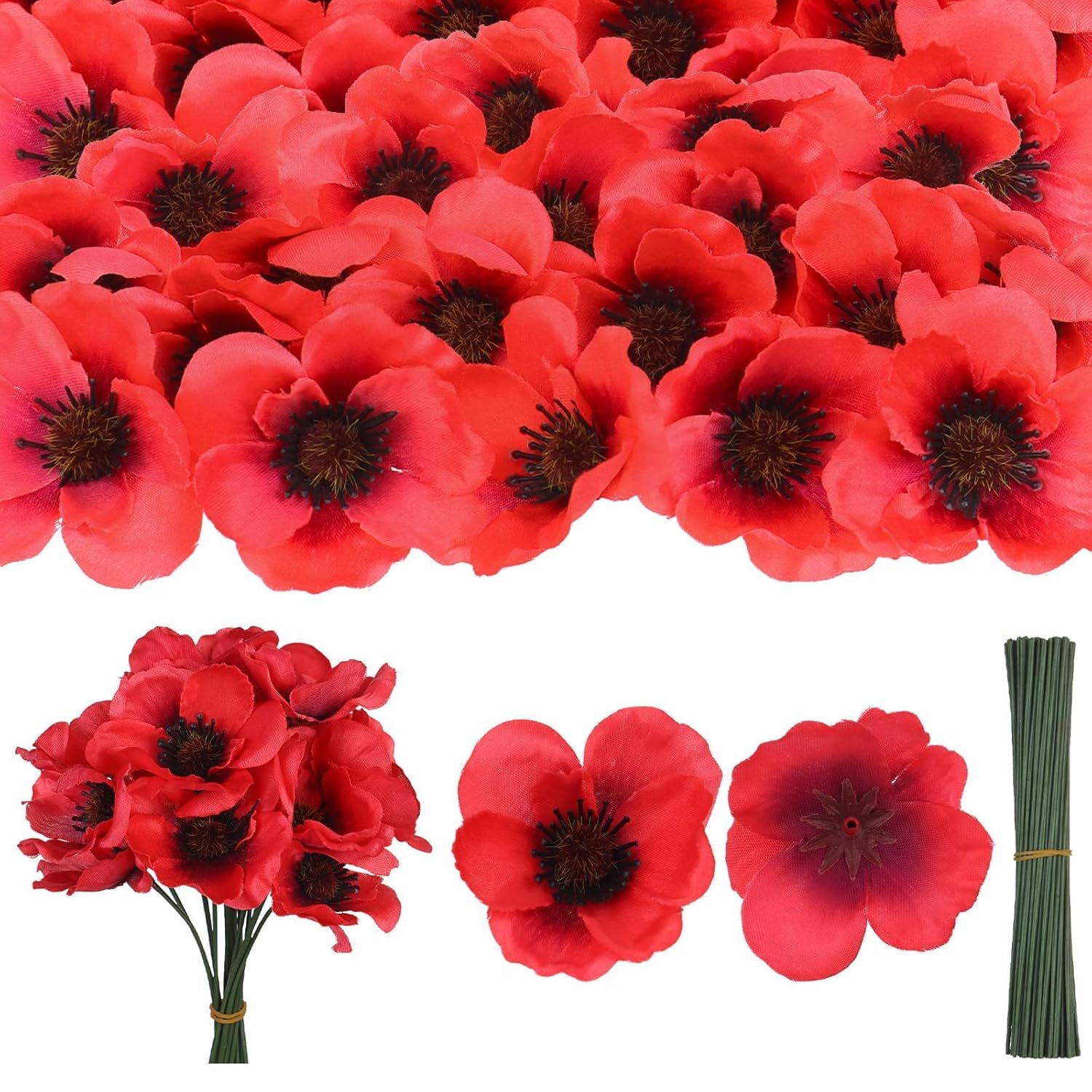 Set Of 150 Red Poppy Artificial Flowers Fake Flowers Poppies Head Fake Wildflowers With 6 Inch Flower Branch For Memorial Veterans Day Remembrance Sunday Bouquet Corsages Home Kitchen Decor