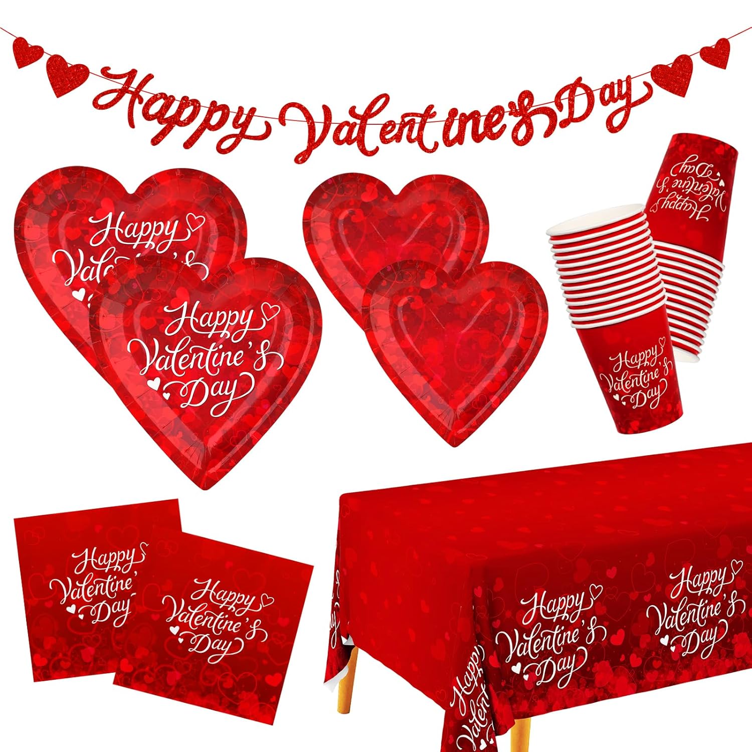 Valentine'S Day Party Supplies For 25 Guests - Romantic Heart-Shaped Disposable Plates, Love-Themed Tablecloth, Napkins, Cups, And Banner - Valentines Party Decorations
