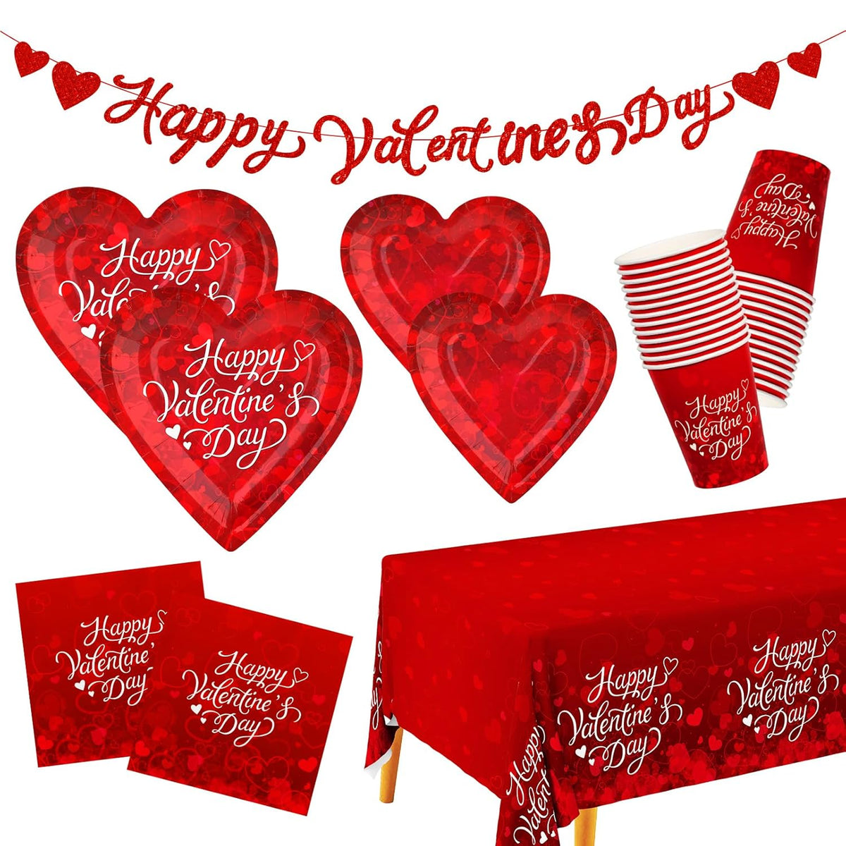 Valentine'S Day Party Supplies For 25 Guests - Romantic Heart-Shaped Disposable Plates, Love-Themed Tablecloth, Napkins, Cups, And Banner - Valentines Party Decorations