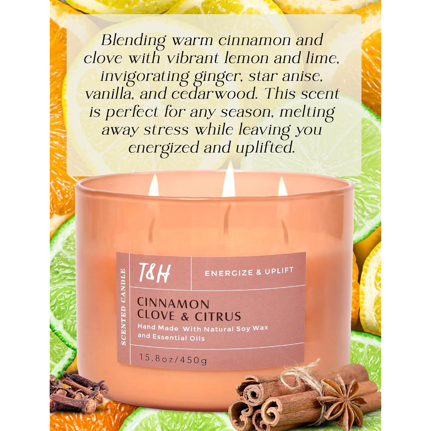 Cinnamon Clove Citrus 3 Wick Soy Candle Large 15.8Oz | Spiced Orange Scented Candles For Home | Clean Burn Long Lasting Candle | Warm Cozy Aromatherapy Candle | Housewarming Birthday Gift
