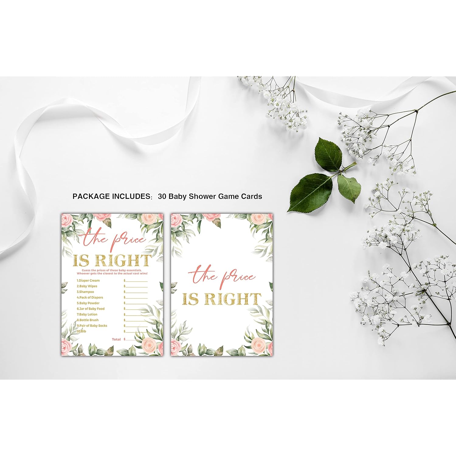 Baby Shower Games For Boys Or Girls - The Price Is Right Baby Shower Game - Floral Greenery Gender Reveal Party/Baby Bump Party Supplies Activities - Pack Of 30 Game Cards(A06)