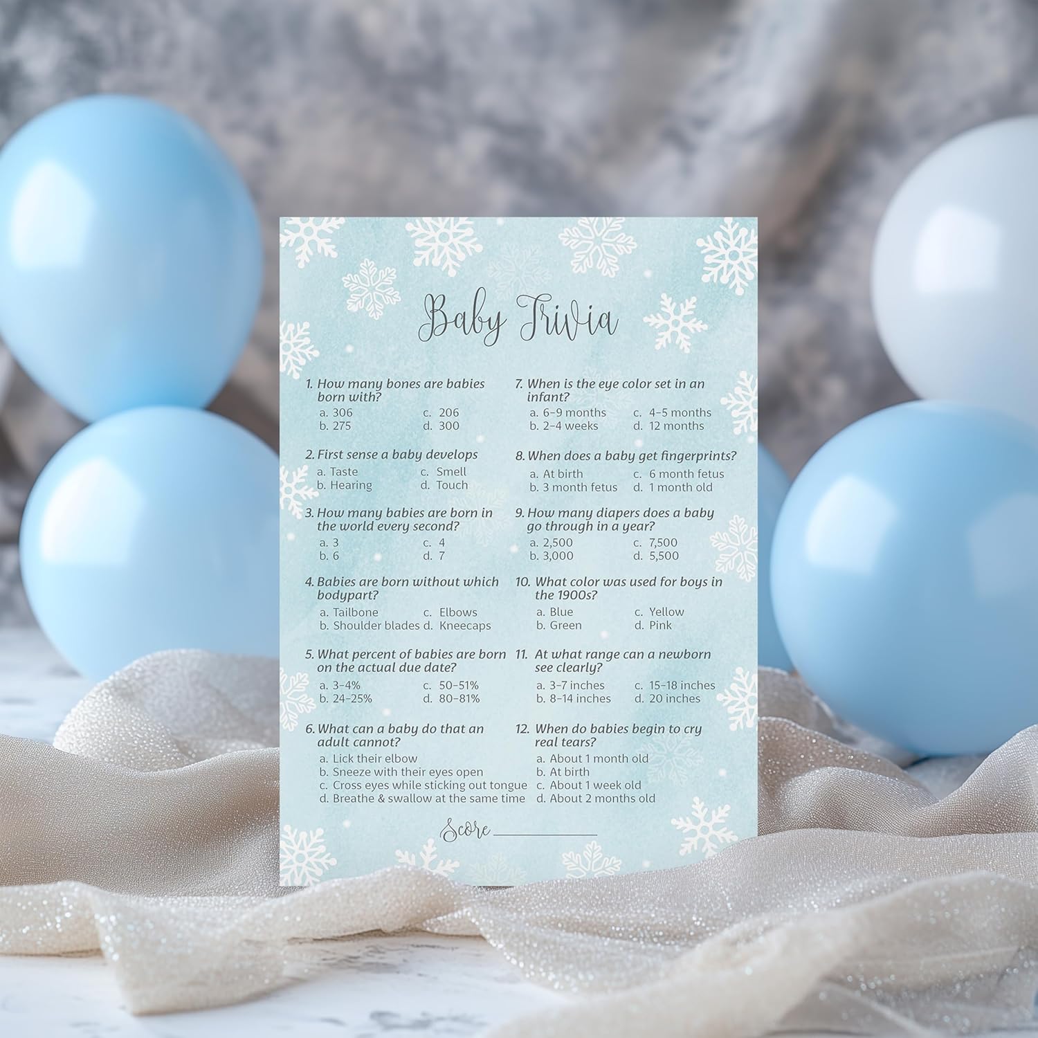 Snowflakes Baby Shower Game – Baby Trivia Cards (25 Pack) – Winter Wonderland Blue Shower Activity – Holiday Fun Facts Game For Boy Gender Reveal, It’S Cold Outside Party G781-Trv