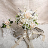 Wedding Bouquets For Bride Bridesmaid, White Champagne Artificial Roses Flowers With Ribbon Bow For Wedding Prom Church Decoration, Ceremony, Anniversary (8In)