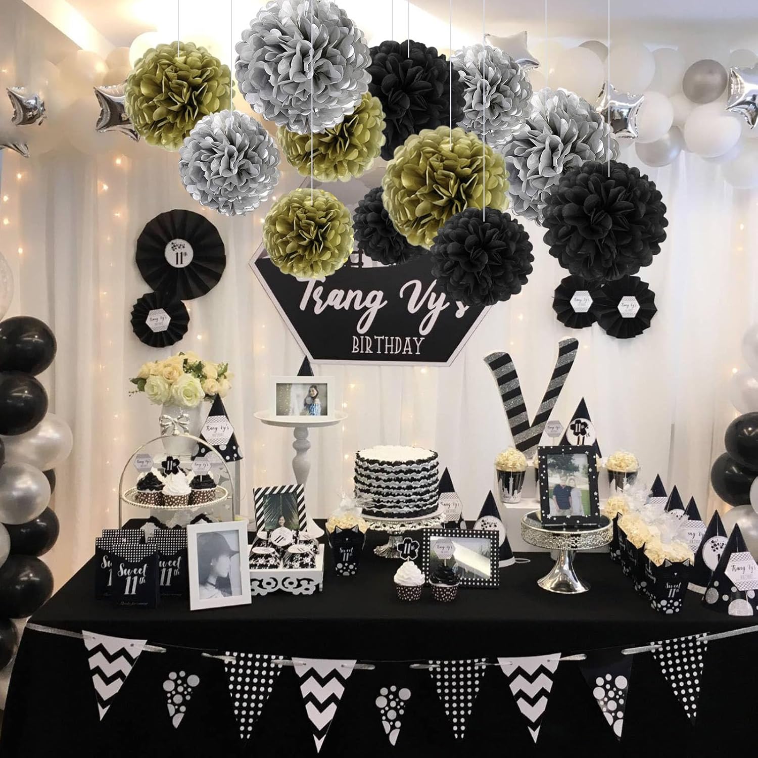 18 Pcs Tissue Paper Pom Poms, Tissue Pom Poms Flowers, Sizes Of 6", 10", 12", 14" Hanging Paper Flower Ball For Wedding, Birthday, Halloween, Christmas, New Years Party Decor (Black Gold Silver)