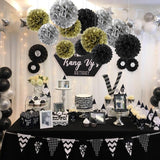 18 Pcs Tissue Paper Pom Poms, Tissue Pom Poms Flowers, Sizes Of 6", 10", 12", 14" Hanging Paper Flower Ball For Wedding, Birthday, Halloween, Christmas, New Years Party Decor (Black Gold Silver)