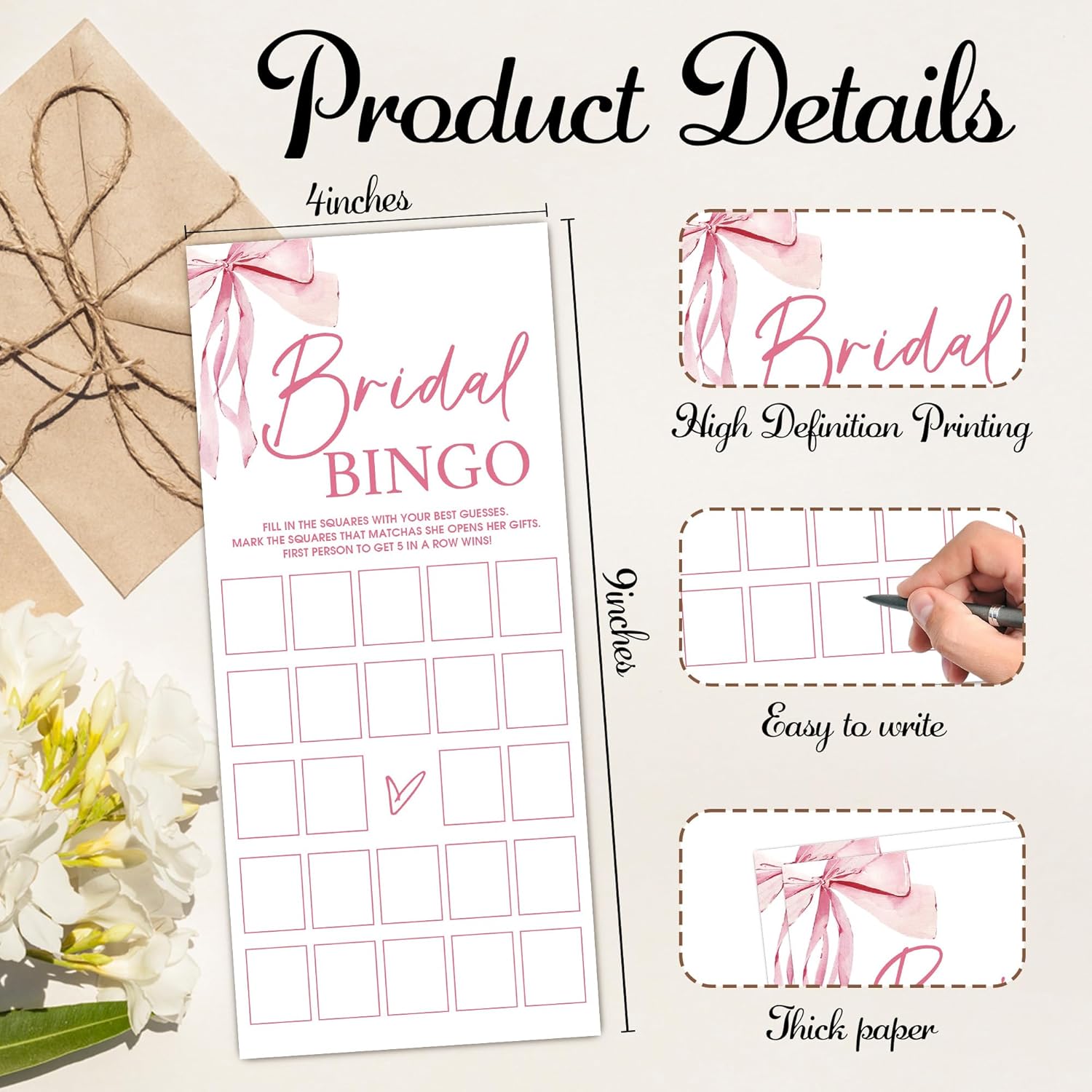 Pink Bow Wedding Shower Games, Bridal Bingo Wedding Games For 25 Guests, Engagement Shower Party Cards, Engagement & Bridal Party Supplies-4X9 Inch-A08