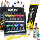 Stain Glass Paint Set With 6 Brushes, 1 Palette, 24 Color Waterproof Acrylic Enamel Painting Kit For Kids To Arts On Transparent Wine Glasses, Light Bulbs, Windows And Ceramics